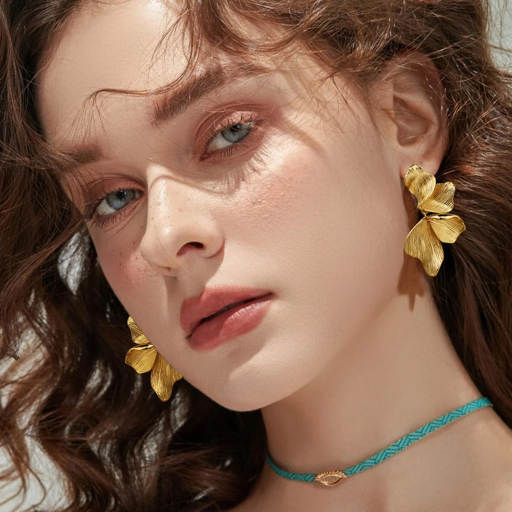Gold Statement Earrings for Women 18K Gold Plated Sectored Flower Leaf Shell Angel Wing Earring Large Stud Earrings Hypoallergenic Stud