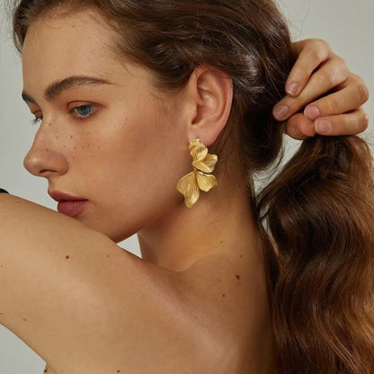 Gold Statement Earrings for Women 18K Gold Plated Sectored Flower Leaf Shell Angel Wing Earring Large Stud Earrings Hypoallergenic Stud