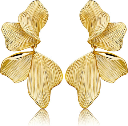 Gold Statement Earrings for Women 18K Gold Plated Sectored Flower Leaf Shell Angel Wing Earring Large Stud Earrings Hypoallergenic Stud