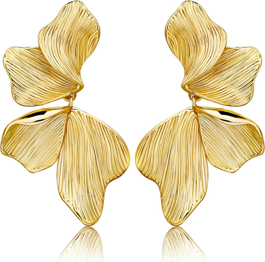 Gold Statement Earrings for Women 18K Gold Plated Sectored Flower Leaf Shell Angel Wing Earring Large Stud Earrings Hypoallergenic Stud