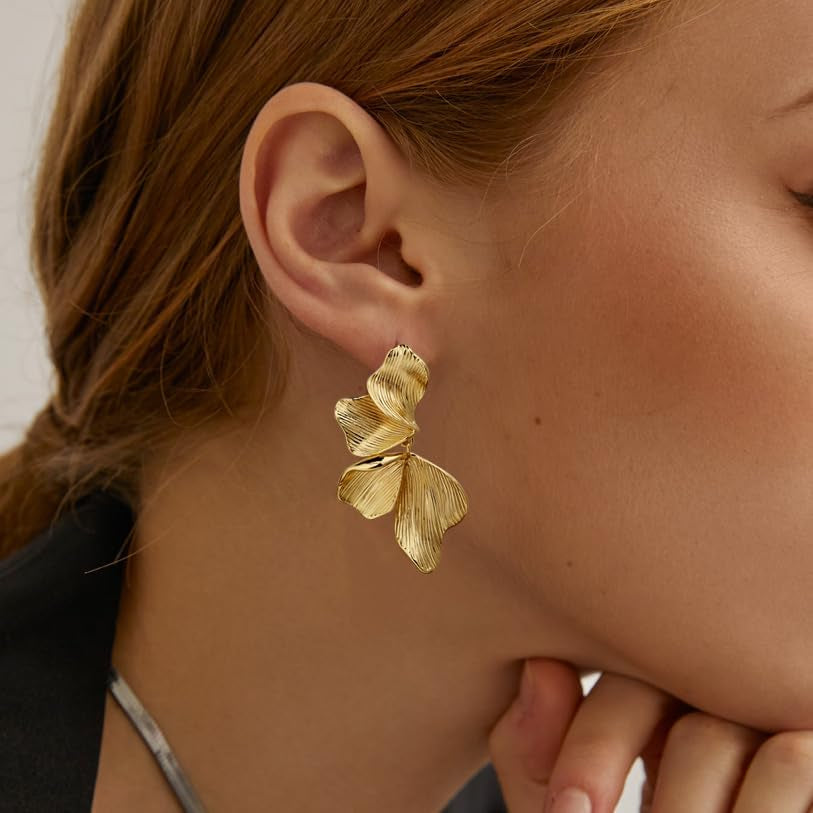 Gold Statement Earrings for Women 18K Gold Plated Sectored Flower Leaf Shell Angel Wing Earring Large Stud Earrings Hypoallergenic Stud
