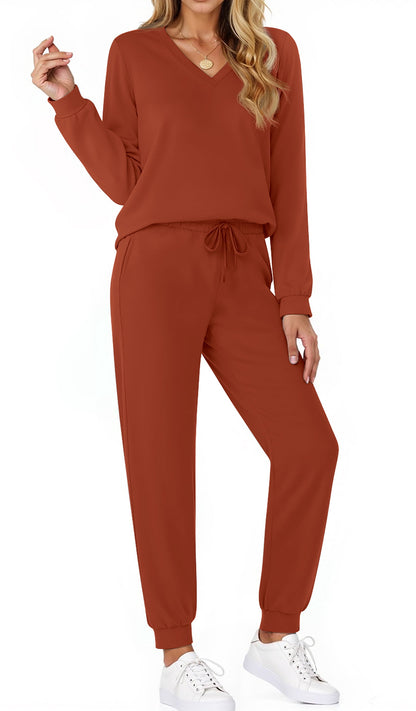 Two Piece Sets for Women Fall Outfits Fashion Lounge Sets V Neck Tops and Jogger Pants Tracksuit Vacation Travel Outfits