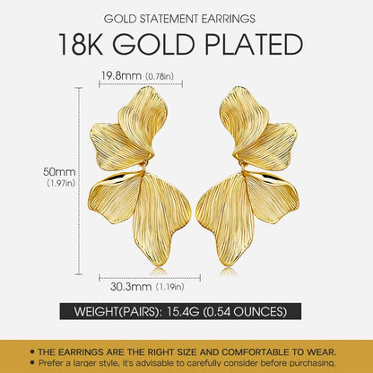 Gold Statement Earrings for Women 18K Gold Plated Sectored Flower Leaf Shell Angel Wing Earring Large Stud Earrings Hypoallergenic Stud