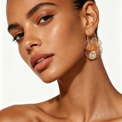 Dangle Flower Gold Earrings for Women, Trendy Statement Hoop Earrings Gifts