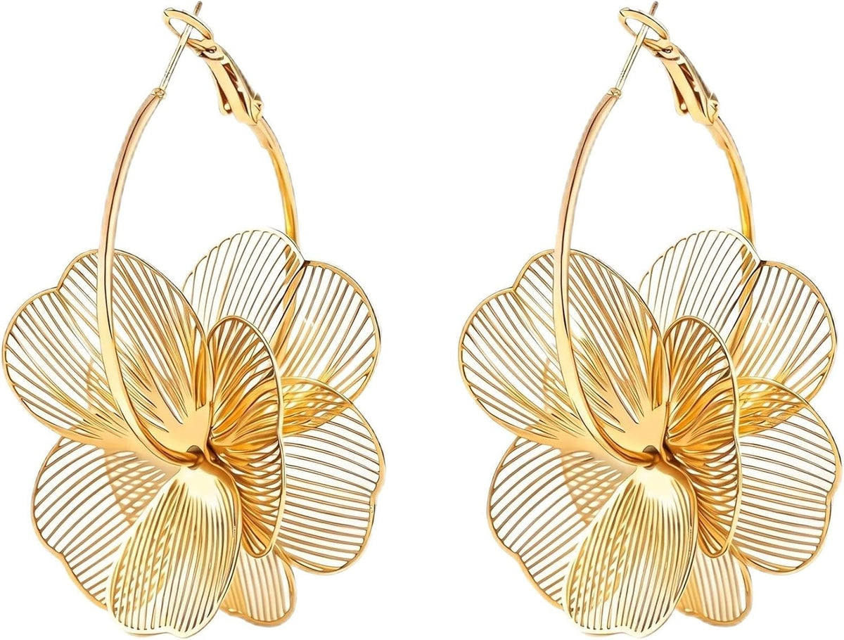 Dangle Flower Gold Earrings for Women, Trendy Statement Hoop Earrings Gifts