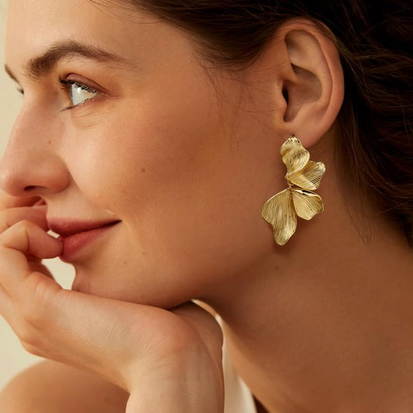 Gold Statement Earrings for Women 18K Gold Plated Sectored Flower Leaf Shell Angel Wing Earring Large Stud Earrings Hypoallergenic Stud