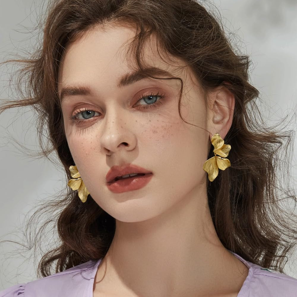 Gold Statement Earrings for Women 18K Gold Plated Sectored Flower Leaf Shell Angel Wing Earring Large Stud Earrings Hypoallergenic Stud