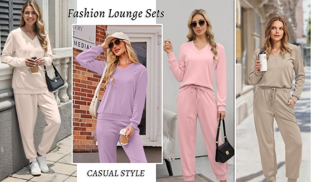 Two Piece Sets for Women Fall Outfits Fashion Lounge Sets V Neck Tops and Jogger Pants Tracksuit Vacation Travel Outfits