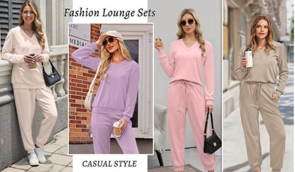Two Piece Sets for Women Fall Outfits Fashion Lounge Sets V Neck Tops and Jogger Pants Tracksuit Vacation Travel Outfits
