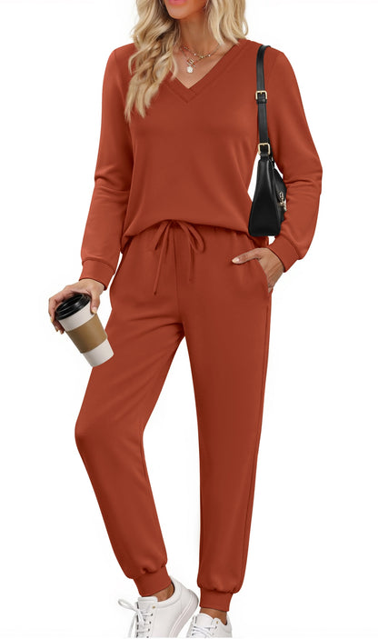 Two Piece Sets for Women Fall Outfits Fashion Lounge Sets V Neck Tops and Jogger Pants Tracksuit Vacation Travel Outfits