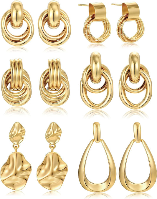 6 Pairs Chunky Gold Earrings for Women Gold Plated Knot Earrings Trendy Statement Drop Dangle Teardrop Lightweight Hypoallergenic Fashion Accessories Jewelry Set Gifts for Women