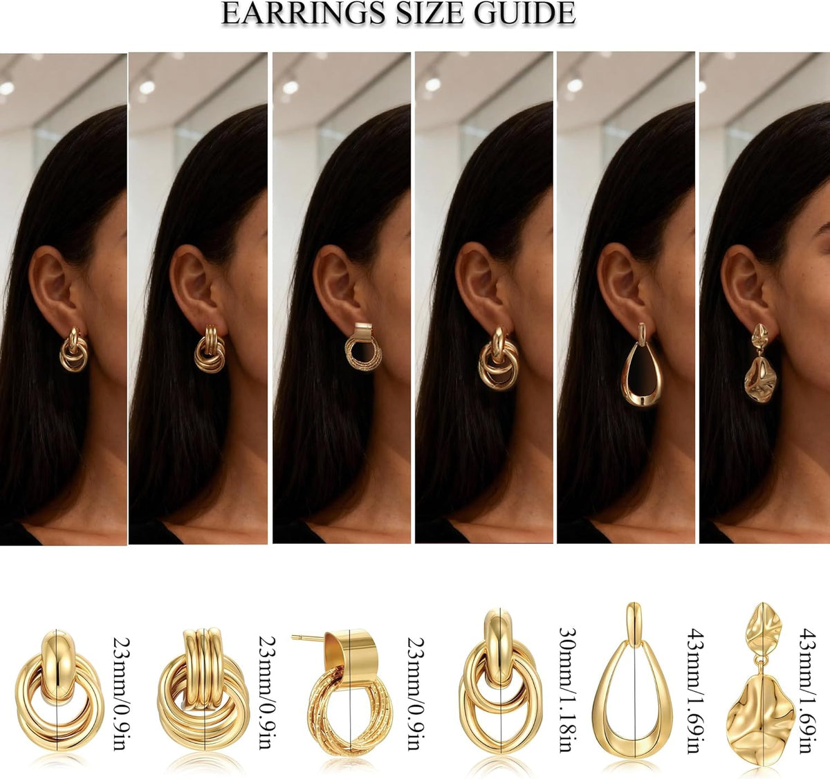 6 Pairs Chunky Gold Earrings for Women Gold Plated Knot Earrings Trendy Statement Drop Dangle Teardrop Lightweight Hypoallergenic Fashion Accessories Jewelry Set Gifts for Women