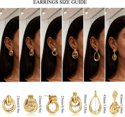 6 Pairs Chunky Gold Earrings for Women Gold Plated Knot Earrings Trendy Statement Drop Dangle Teardrop Lightweight Hypoallergenic Fashion Accessories Jewelry Set Gifts for Women