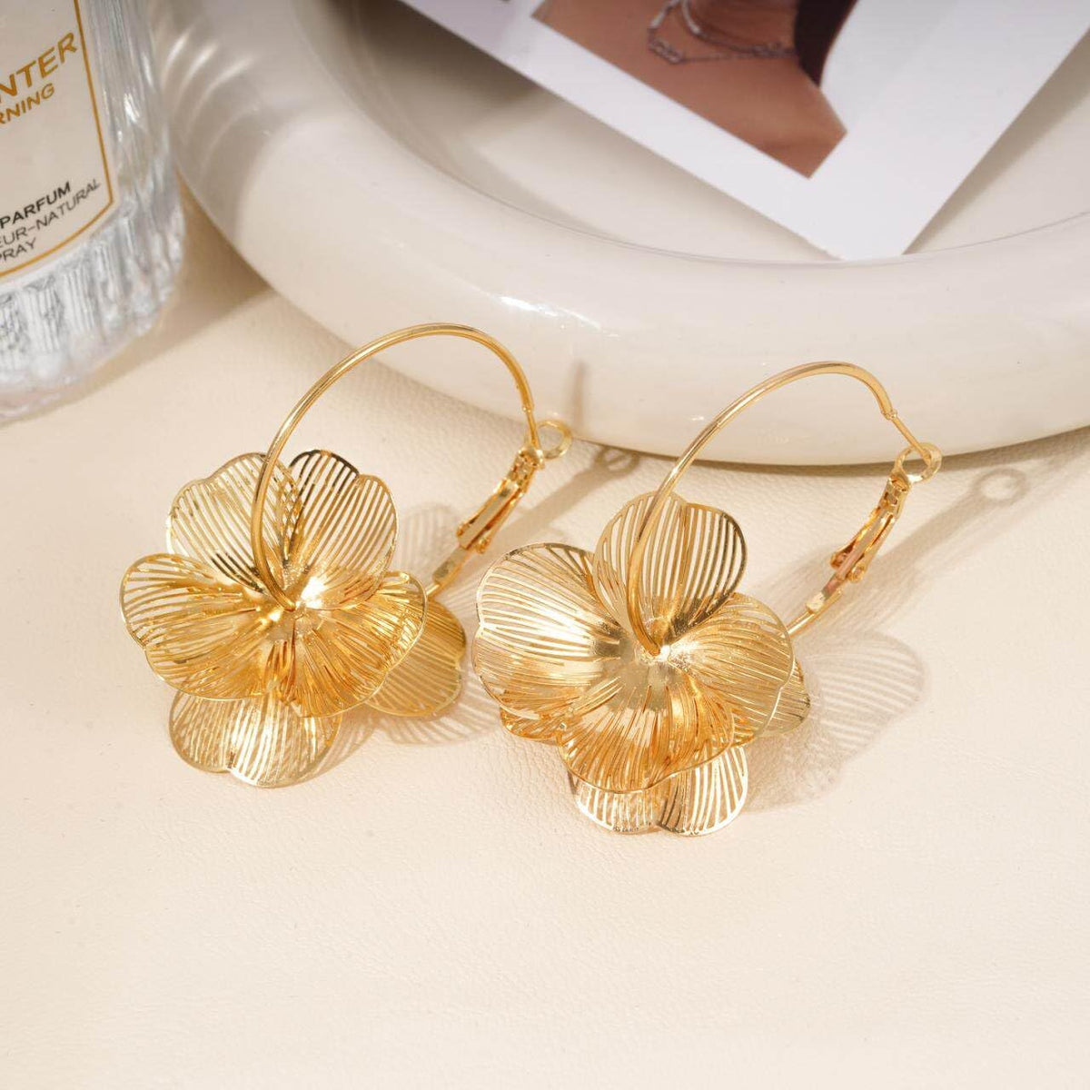 Dangle Flower Gold Earrings for Women, Trendy Statement Hoop Earrings Gifts
