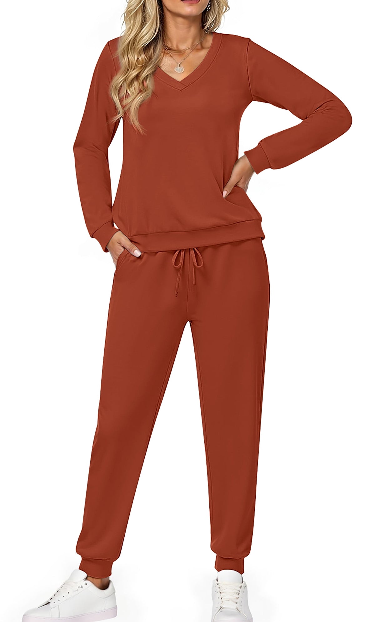 Two Piece Sets for Women Fall Outfits Fashion Lounge Sets V Neck Tops and Jogger Pants Tracksuit Vacation Travel Outfits